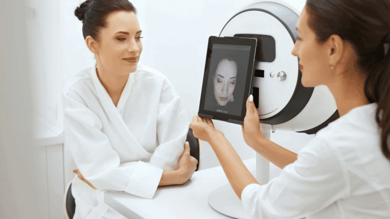client and esthetician looking at skin analyzer results